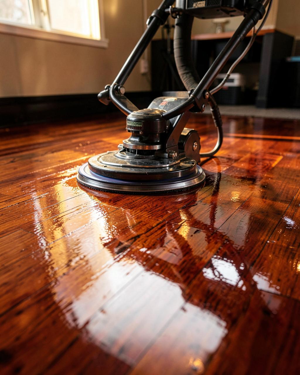 A floor buffer polishing hardwood to a mirror shine